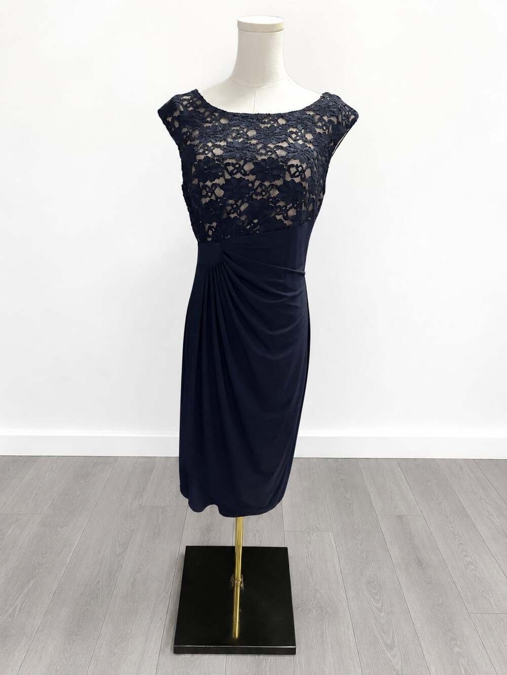 Signature Sadie Navy Blue Lace Bodice Cocktail Dress with Side Ruched Detail